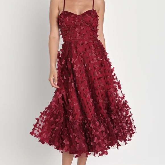 Lulus Dresses & Skirts - Time to Fly Burgundy Butterfly Lace-Up Midi Dress